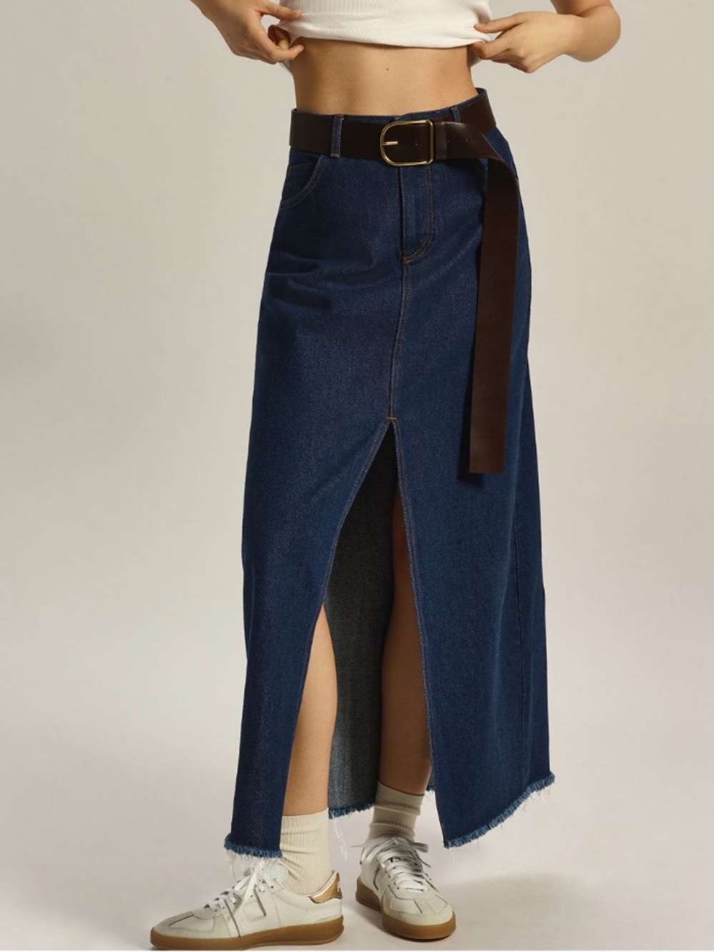 Pilcro by Anthro Dark Denim Maxi Skirt with Front Slit